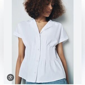 Classic White Pleated Short-Sleeve Button Front Top